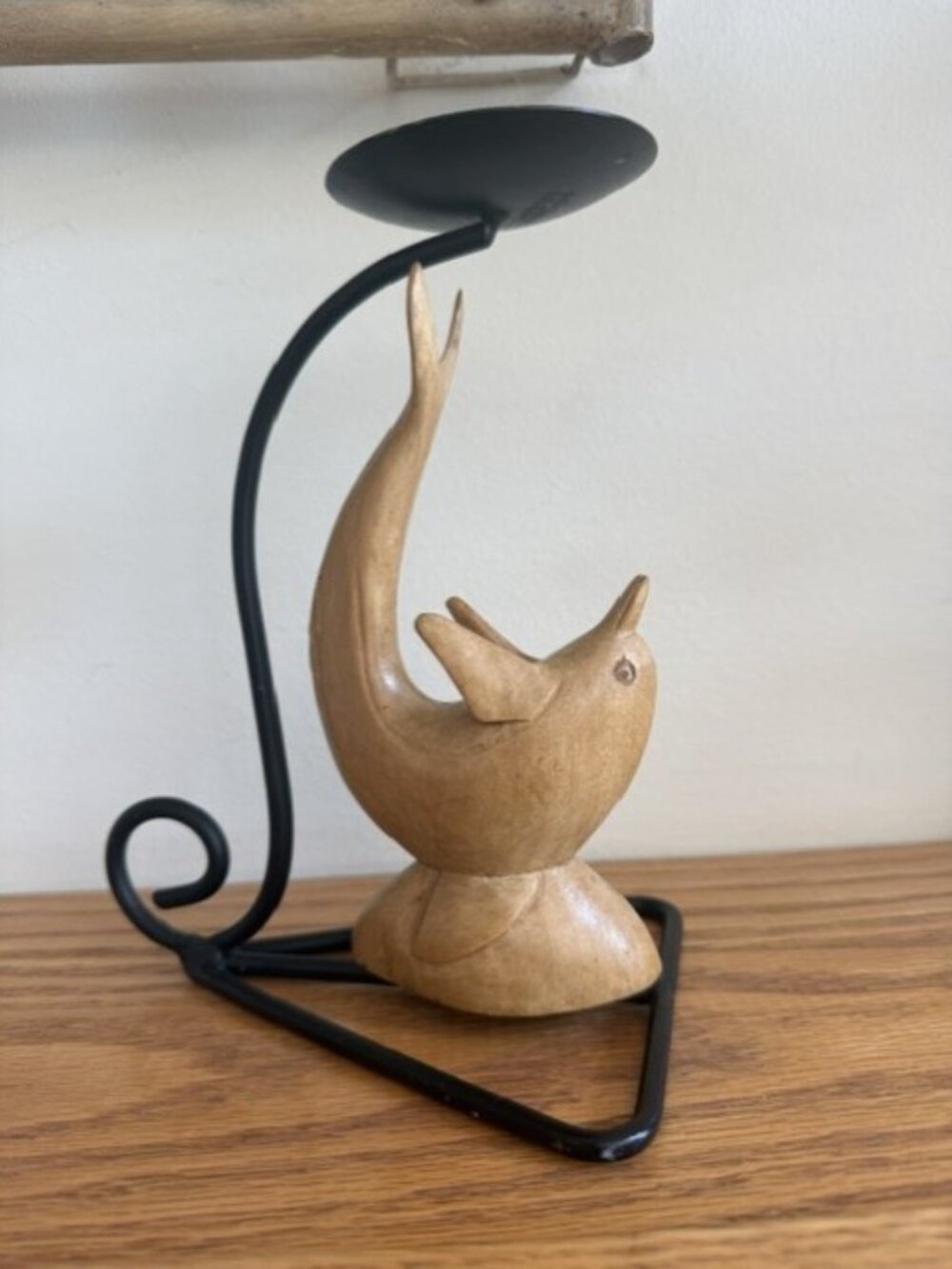 Vtg Figural Natural Carved Wood Dolphin Black Metal Candle Holder